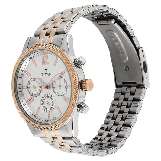 Titan 1734KM02 Men’s White Dial Two-Tone Stainless Steel Strap Quartz Multifunction Analog Watch – Round Metal Case, Mineral Glass