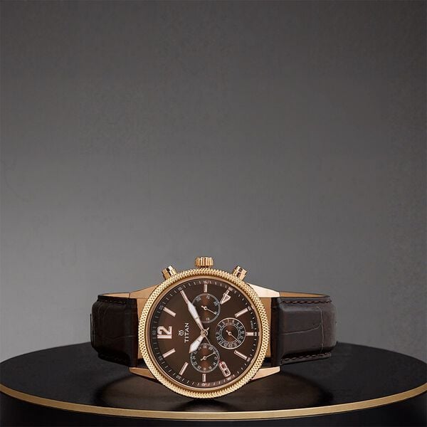 Titan 1734WL01 Workwear Brown Dial Analog Multifunction Leather Strap Quartz Watch – Men