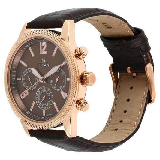 Titan 1734WL01 Workwear Brown Dial Analog Multifunction Leather Strap Quartz Watch – Men