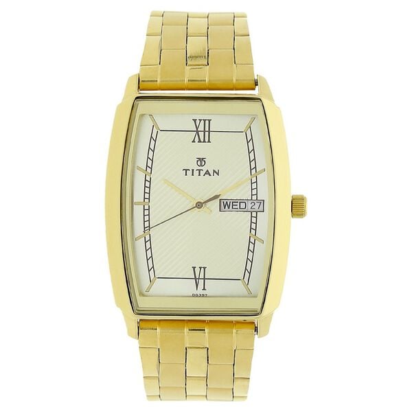 Titan 1737YM01 Men’s Analog Quartz Watch — White Dial with Day & Date, Golden Stainless Steel Bracelet
