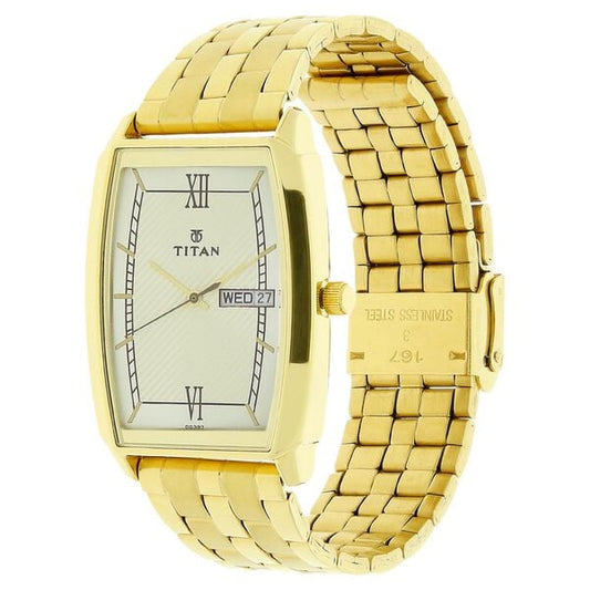 Titan 1737YM01 Men’s Analog Quartz Watch — White Dial with Day & Date, Golden Stainless Steel Bracelet