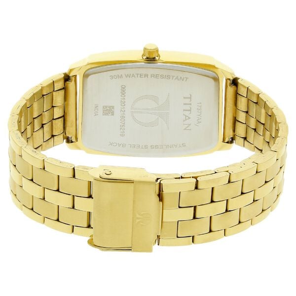 Titan 1737YM01 Men’s Analog Quartz Watch — White Dial with Day & Date, Golden Stainless Steel Bracelet