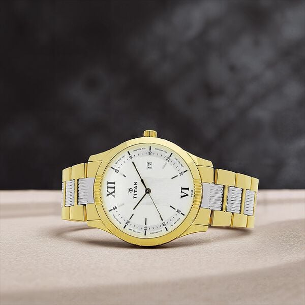 Titan 1739BM01 Men's Analog Watch Quartz Analog White Dial Two‑Toned Stainless Steel Strap Watch