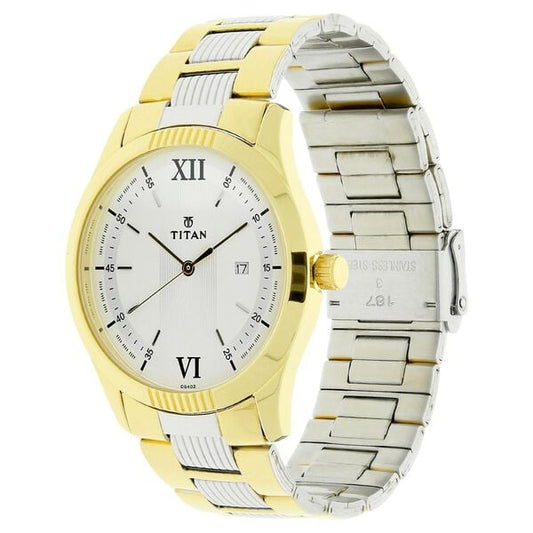Titan 1739BM01 Men's Analog Watch Quartz Analog White Dial Two‑Toned Stainless Steel Strap Watch