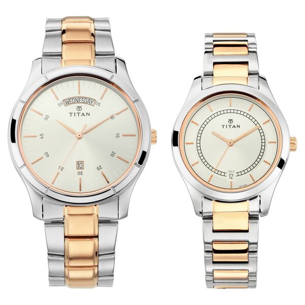 Titan 17672596KM01P Couple Analog Quartz Watch Set – Silver Dial, Two-Tone Stainless Steel Straps