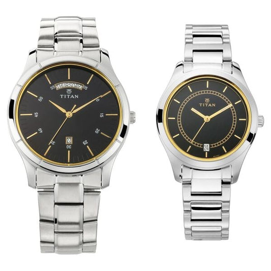 Titan 17672596SM01P Couple Analog Quartz Watch Set — Blue Dial, Silver Stainless Steel Straps