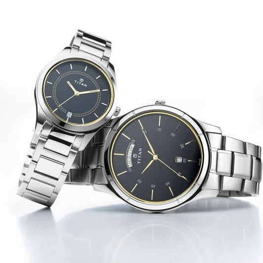 Titan 17672596SM01P Couple Analog Quartz Watch Set — Blue Dial, Silver Stainless Steel Straps