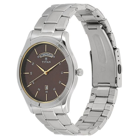 Titan 1767SM03 Men’s Brown Dial Silver Stainless Steel Strap Quartz Analog Watch – Day & Date, Round Metal Case, Mineral Glass