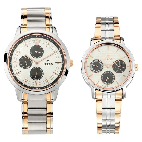 Titan 17692589KM01 Couple’s Analog Quartz Multifunction Watch Set — Silver Dials & Two-Tone Metal Straps