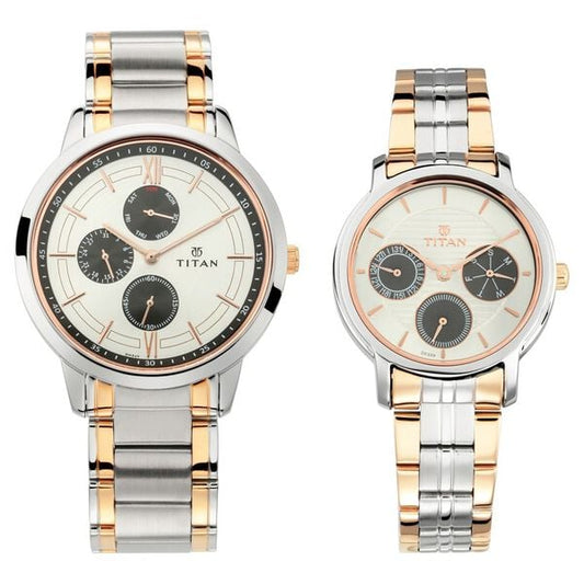Titan 17692589KM01 Couple’s Analog Quartz Multifunction Watch Set — Silver Dials & Two-Tone Metal Straps