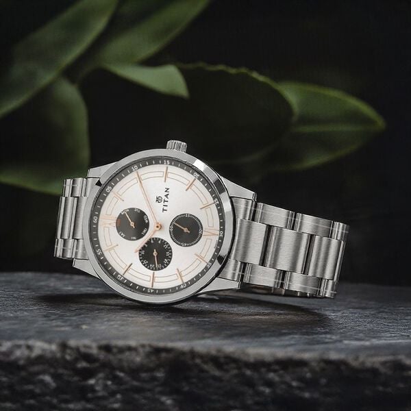 Titan 1769SM02 Men’s Analog Watch | White Dial Stainless Steel Bracelet | Quartz Multifunction