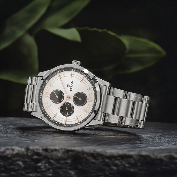Titan 1769SM02 Men’s Analog Quartz Watch — White Dial, Silver Stainless Steel Strap