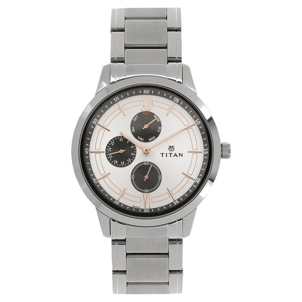 Titan 1769SM02 Men’s Analog Watch | White Dial Stainless Steel Bracelet | Quartz Multifunction