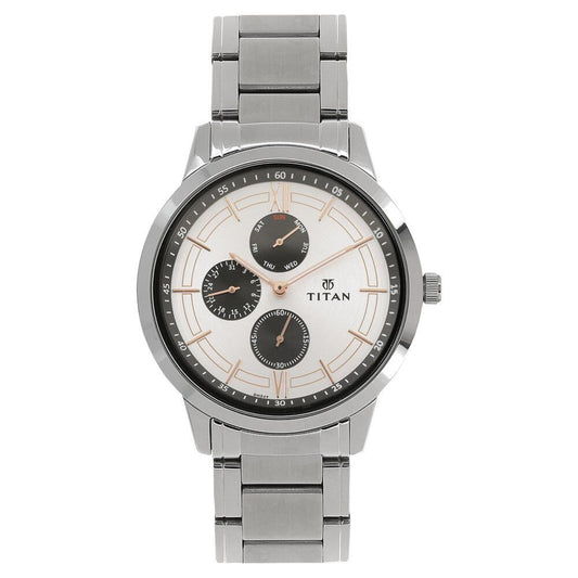 Titan 1769SM02 Men’s Analog Watch | White Dial Stainless Steel Bracelet | Quartz Multifunction