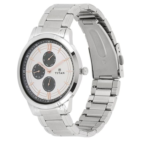 Titan 1769SM02 Men’s Analog Watch | White Dial Stainless Steel Bracelet | Quartz Multifunction