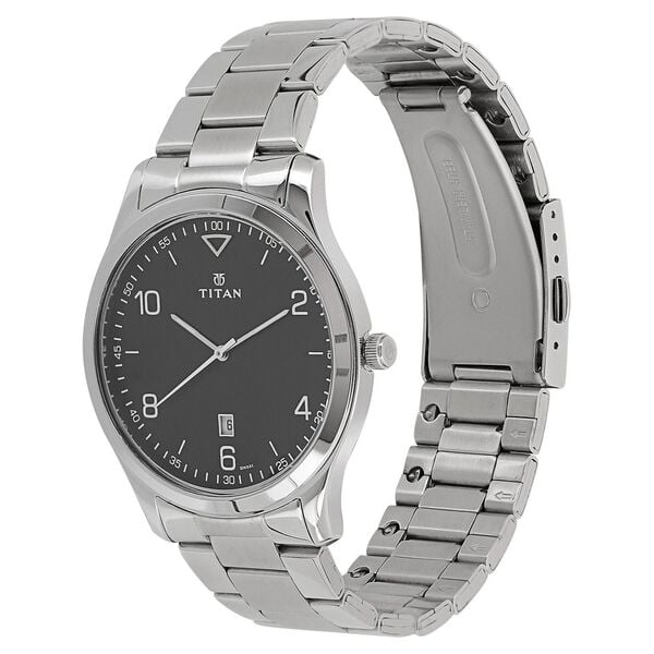 Titan 1770SM02 Black Dial Analog Watch for Men – Silver Stainless Steel Bracelet, Quartz Movement, Date Function, Mineral Glass, Round Metal Case