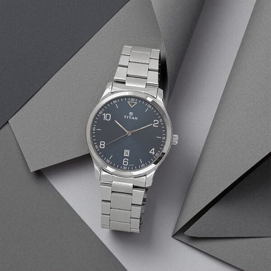 Titan 1770SM03 Men’s Blue-Dial Analog Watch with Silver Stainless Steel Strap