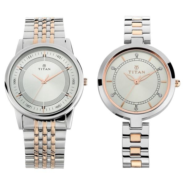 Titan 17732603KM01 Couple’s Analog Quartz Watch Set — Silver Dials & Two-Tone Metal Straps