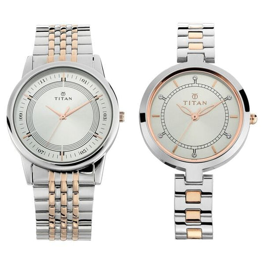 Titan 17732603KM01 Couple’s Analog Quartz Watch Set — Silver Dials & Two-Tone Metal Straps