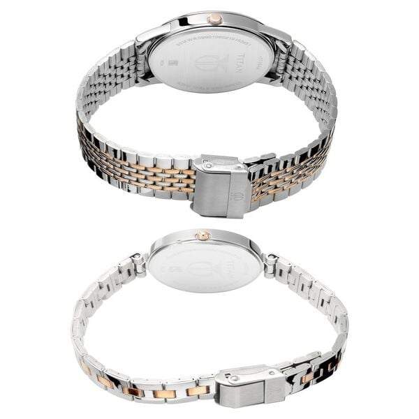 Titan 17732603KM01 Couple’s Analog Quartz Watch Set — Silver Dials & Two-Tone Metal Straps