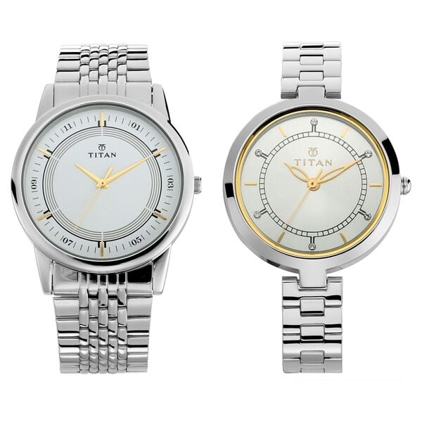 Titan NS17732603SM01P Bandhan Couple Quartz Analog Watch Set with Silver Dial & Silver Stainless-Steel Strap