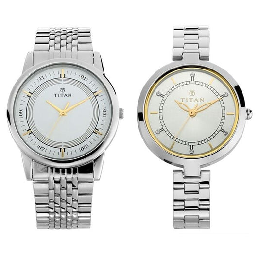 Titan NS17732603SM01P Bandhan Couple Quartz Analog Watch Set with Silver Dial & Silver Stainless-Steel Strap