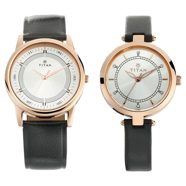 Titan 17732603WL01 Silver Dial Analog Unisex / Couple Watch – Black Leather Strap, Quartz Movement