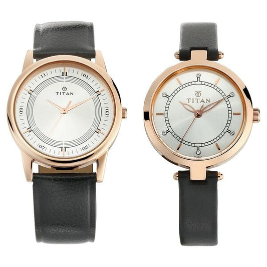 Titan 17732603WL01 Silver Dial Analog Unisex / Couple Watch – Black Leather Strap, Quartz Movement