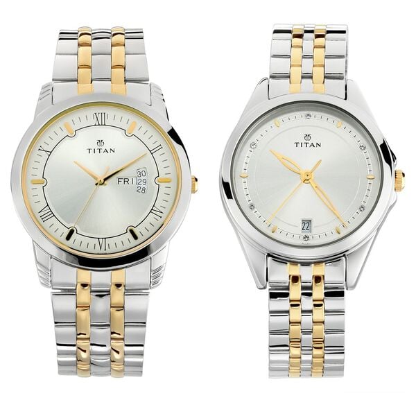 Titan NS17742565BM01P Bandhan Couple Quartz Analog Watch Set with Silver Dial & Two-Tone Stainless Steel Strap
