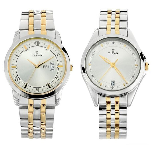 Titan 17742565BM01 Silver Dial Analog Quartz Stainless Steel Couple Watch – Two‑Toned Band, Round Case, Day & Date