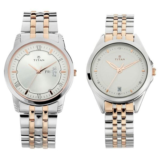 Titan 17742565KM01 Bandhan Couple Silver-Dial Analog Watch Set with Two-Tone Stainless Steel Strap