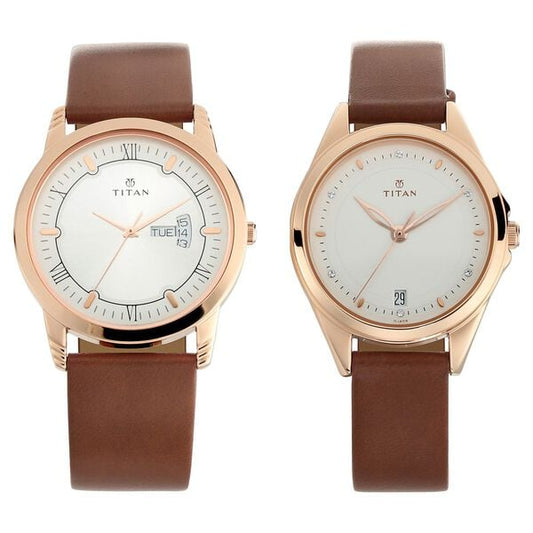 Titan 17742565WL01 Silver Dial Analog Quartz Leather Strap Couple Watch – Brown Band, Round Case, Day & Date Display