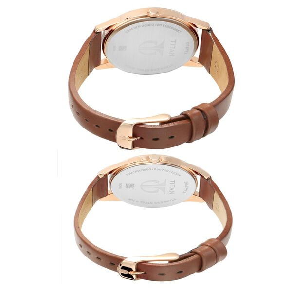 Titan 17742565WL01 Silver Dial Analog Quartz Leather Strap Couple Watch – Brown Band, Round Case, Day & Date Display