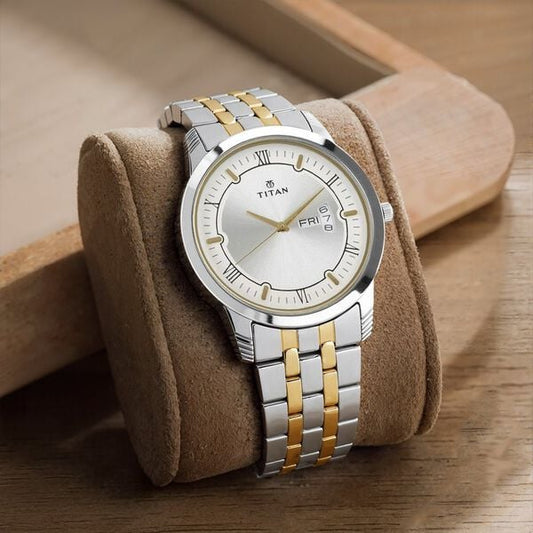 Titan 1774BM01 Men’s Analog Watch | Silver Dial Two-Tone Stainless Steel Strap | Quartz Day-Date Watch