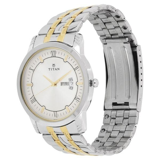Titan 1774BM01 Men’s Analog Watch | Silver Dial Two-Tone Stainless Steel Strap | Quartz Day-Date Watch