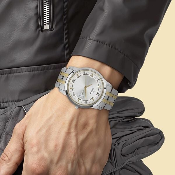 Titan 1774BM01 Men’s Analog Watch | Silver Dial Two-Tone Stainless Steel Strap | Quartz Day-Date Watch