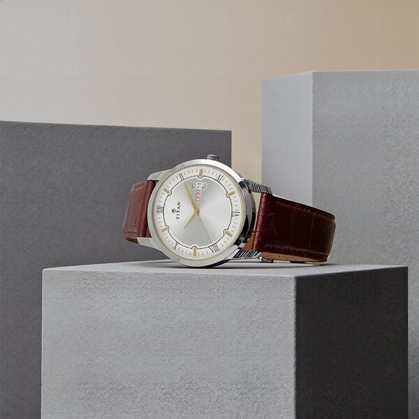 Titan 1774SL01 Men’s Analog Watch | Silver Dial & Brown Leather Strap | Quartz Day-Date Wrist Watch