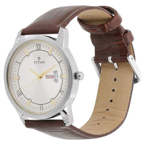 Titan 1774SL01 Men’s Analog Watch | Silver Dial & Brown Leather Strap | Quartz Day-Date Wrist Watch