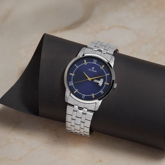 Titan 1774SM01 Men’s Analog Watch | Blue Dial Stainless Steel Bracelet | Quartz Day-Date Watch