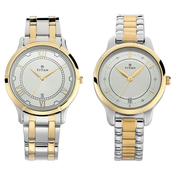 Titan 17752481BM01 Silver Dial Analog Quartz Stainless Steel Couple Watch – Two‑Toned Band, Round Case, Date Display