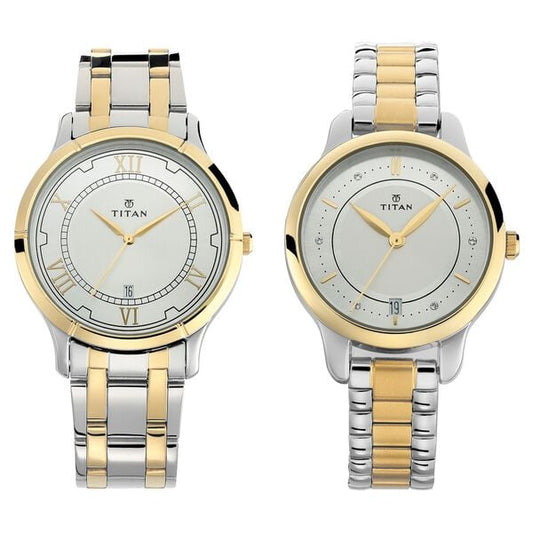 Titan 17752481BM01 Silver Dial Analog Quartz Stainless Steel Couple Watch – Two‑Toned Band, Round Case, Date Display