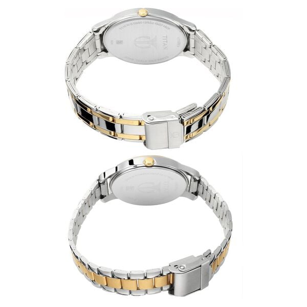 Titan 17752481BM01 Silver Dial Analog Quartz Stainless Steel Couple Watch – Two‑Toned Band, Round Case, Date Display
