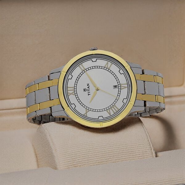 Titan 1775BM01 Men’s Analog Watch | Silver Dial Two‑Tone Stainless Steel Bracelet | Quartz Date Watch