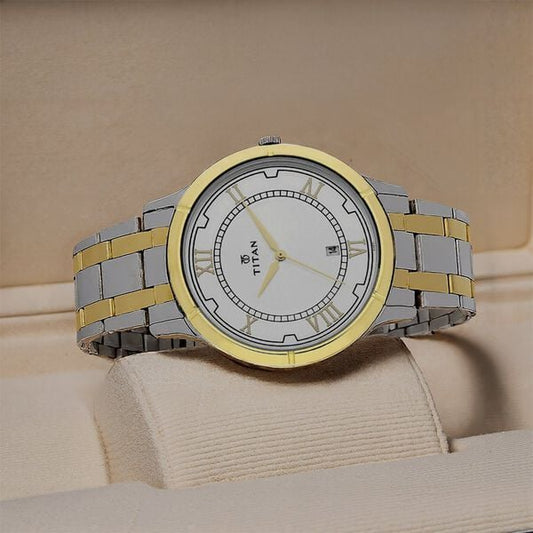 Titan 1775BM01 Men’s Analog Watch | Silver Dial Two‑Tone Stainless Steel Bracelet | Quartz Date Watch