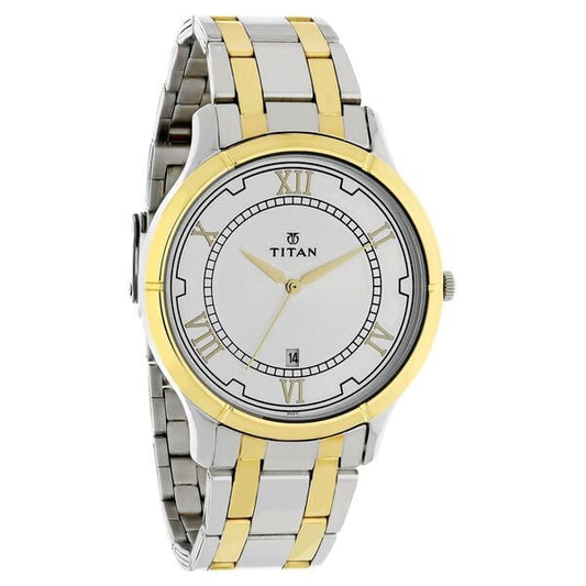 Titan 1775BM01 Men’s Analog Watch | Silver Dial Two‑Tone Stainless Steel Bracelet | Quartz Date Watch