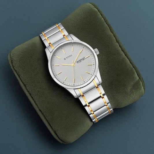 Titan 1775BM02 Men's Analog Watch | White Dial Two‑Tone Stainless Steel Bracelet | Quartz Day‑Date Watch