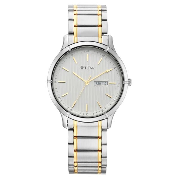 Titan 1775BM02 Men's Analog Watch | White Dial Two‑Tone Stainless Steel Bracelet | Quartz Day‑Date Watch