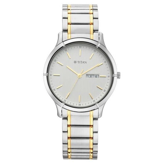 Titan 1775BM02 Men's Analog Watch | White Dial Two‑Tone Stainless Steel Bracelet | Quartz Day‑Date Watch