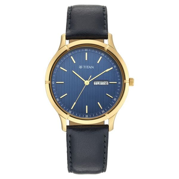 Titan 1775YL02 Blue Dial Analog Watch for Men – Black Leather Strap, Quartz Movement