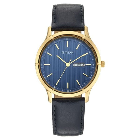 Titan 1775YL02 Blue Dial Analog Watch for Men – Black Leather Strap, Quartz Movement
